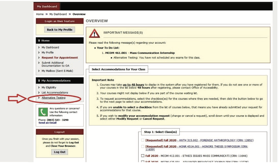 Screenshot of a student portal displaying messages about class accommodations and scheduling. The menu highlights "Alternative Testing" for assessment needs. Options for logout, help, and requesting assistance from a proctor are visible on the left side.